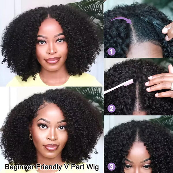 Afro Curly V Part Wig No Leave Out Thin Part Glueless Wigs Human Hair Wig