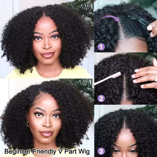 Afro Curly V Part Wig No Leave Out Thin Part Glueless Wigs Human Hair Wig