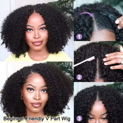 Afro Curly V Part Wig No Leave Out Thin Part Glueless Wigs Human Hair Wig