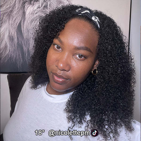  Afro Curly Headband Wig No Gel No Glue Human Hair Glueless Wig With Scarf
