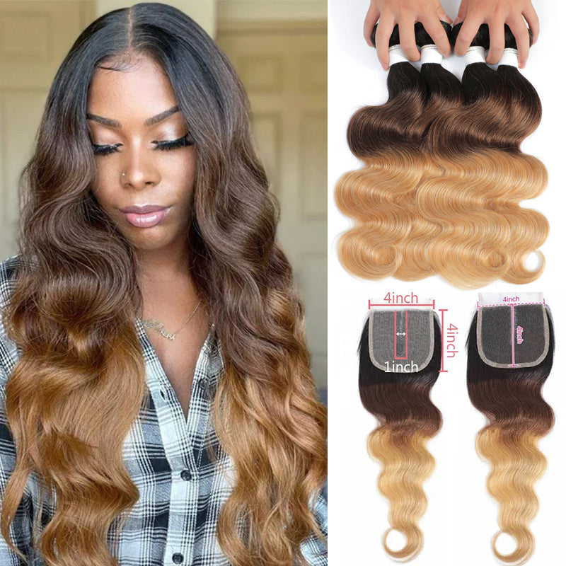 WIGARI 1b/4/27 Body Wave 4 Bundles with 4X4 Closure Human Hair