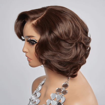 13x4 Glueless Layered Chocolate Brown Color Bob Wig Glueless Wavy