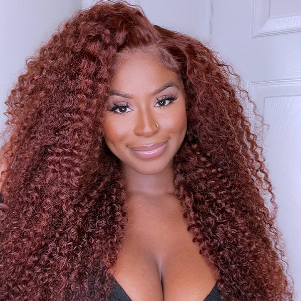 Kinky Curly Reddish Brown Wear Go Wig Pre-cut 7x5 Lace Glueless Human Hair Wigs