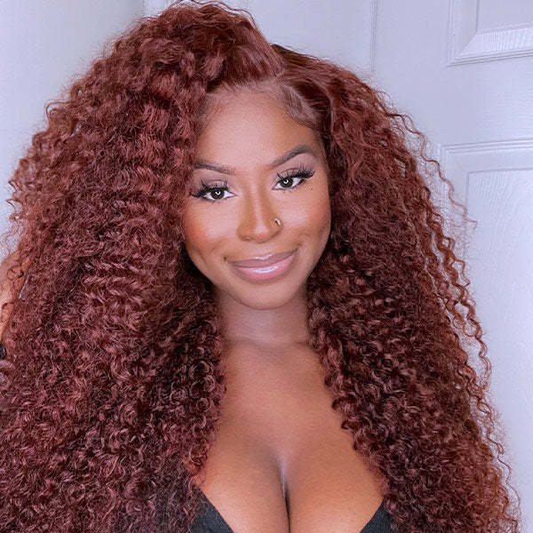 Kinky Curly Reddish Brown Wear Go Wig Pre-cut 7x5 Lace Glueless Human Hair Wigs