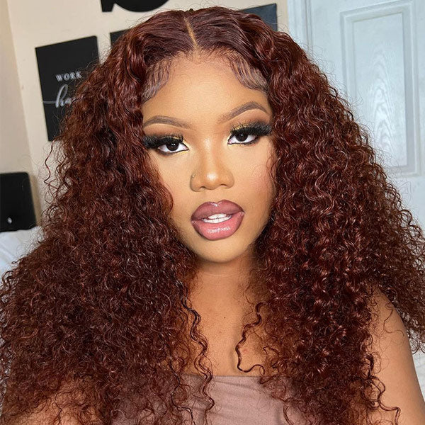 Kinky Curly Reddish Brown Wear Go Wig Pre-cut 7x5 Lace Glueless Human Hair Wigs