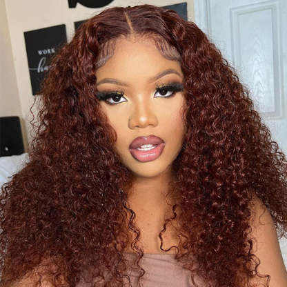 Kinky Curly Reddish Brown Wear Go Wig Pre-cut 7x5 Lace Glueless Human Hair Wigs