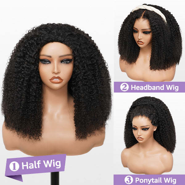 3 In 1 Half Wig | Afro Curly Flexible Fit Half Wig With Drawstring Natural Hairline Beginner Friendly