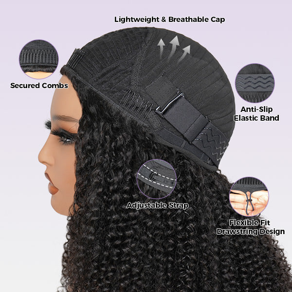 3 In 1 Half Wig | Afro Curly Flexible Fit Half Wig With Drawstring Natural Hairline Beginner Friendly