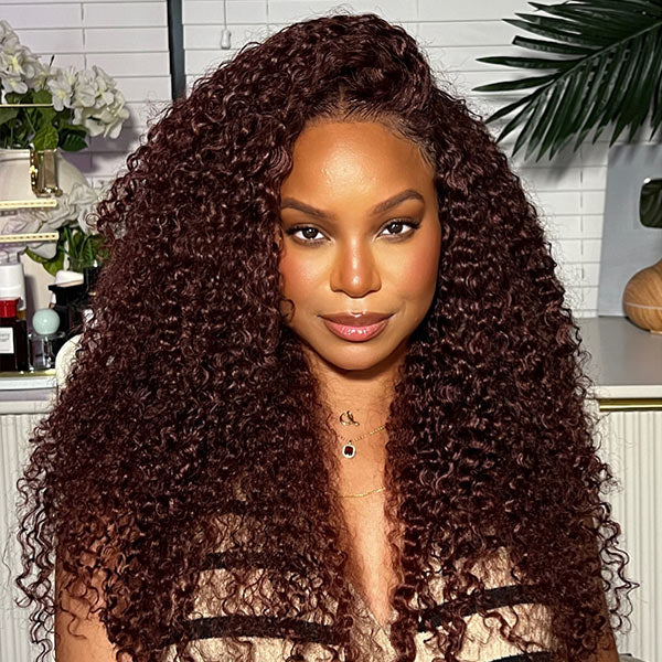 Kinky Curly Reddish Brown Wear Go Wig Pre-cut 7x5 Lace Glueless Human Hair Wigs