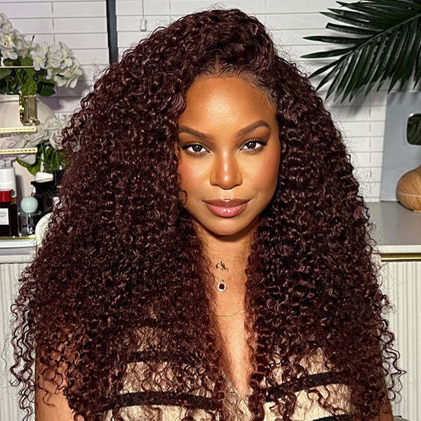 Kinky Curly Reddish Brown Wear Go Wig Pre-cut 7x5 Lace Glueless Human Hair Wigs