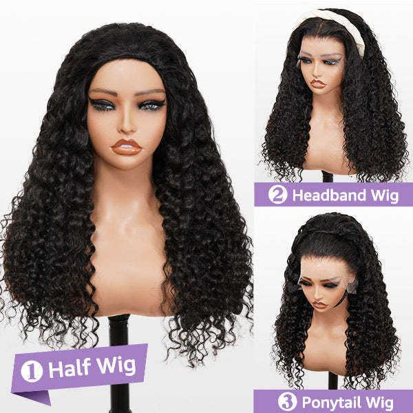 3 In 1 Half Wig | Glueless Invisible Water Wave Half Wig Flip Over Human Hair Wig