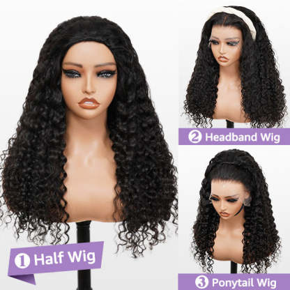 3 In 1 Half Wig | Glueless Invisible Water Wave Half Wig Flip Over Human Hair Wig