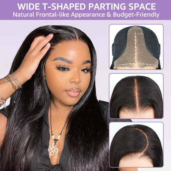  Yaki Straight Bleached Knots Pre-Cut 9x6 T Part Lace Wig Natural Frontal Look Wear Go Wig