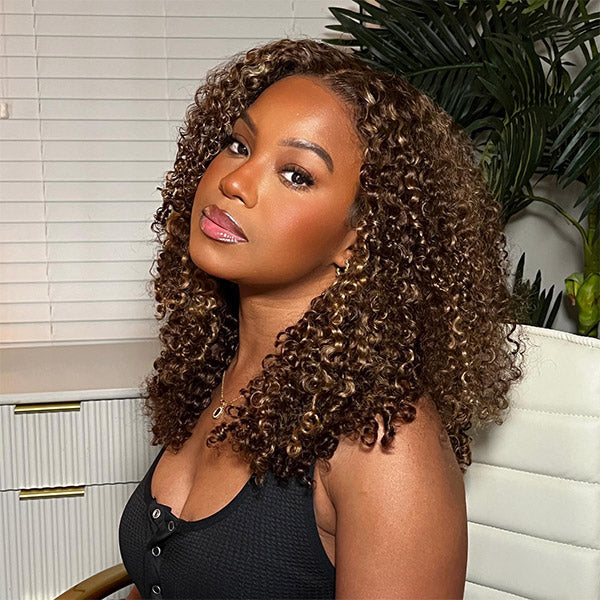  4/27 Highlight Color Wear Go Glueless Wigs Pre Cut 7x5 HD Lace Kinky Curly Hair Short Bob Wigs