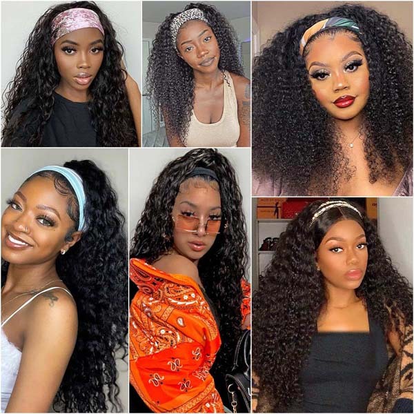  Kinky Curly Headband Wig Human Hair Scarf Wig No Gel No Glue Jerry Curl Hair Wig With Headband