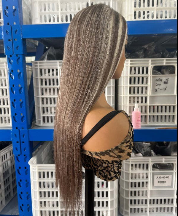 Pre-cut Lace Brown Wig With Blonde Highlight Wear Go Glueless Wig Straight 7x5 Lace Wig Preplucked with Natural Hairline
