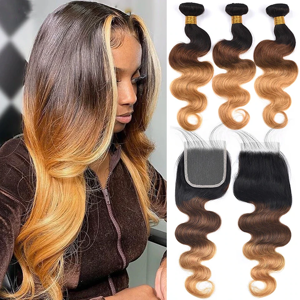 WIGARI 1b/4/27 Body Wave 3 Bundles with 4x4 lace Closure Human Hair
