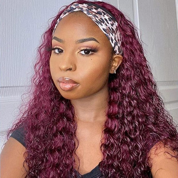  99J Curly Headband Wig Human Hair No Gel No Glue Water Wave Wig with Free Headband 180% Density