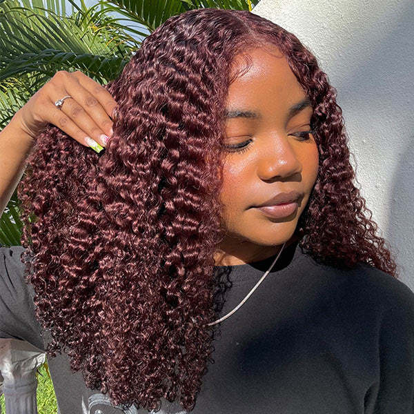  Kinky Curly Reddish Brown Wear Go Glueless Wig Pre-cut 7x5 Lace Wig Pre-plucked Hairline