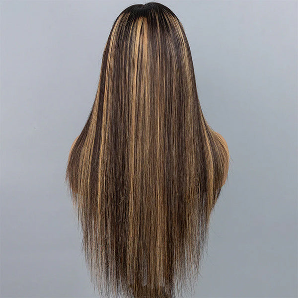  Layered Cut Straight Brown Highlight Ombre Pre-cut Lace Wear Go Glueless Wig