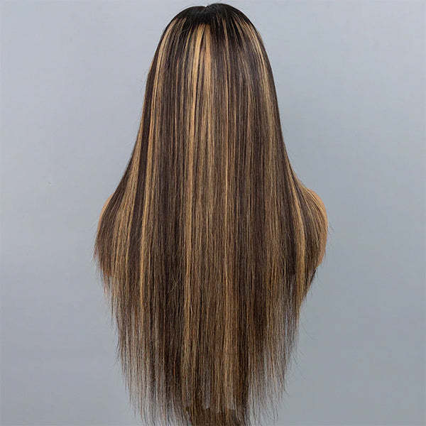  Layered Cut Straight Brown Highlight Ombre Pre-cut Lace Wear Go Glueless Wig
