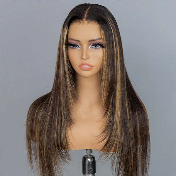  Layered Cut Straight Brown Highlight Ombre Pre-cut Lace Wear Go Glueless Wig