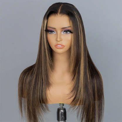  Layered Cut Straight Brown Highlight Ombre Pre-cut Lace Wear Go Glueless Wig