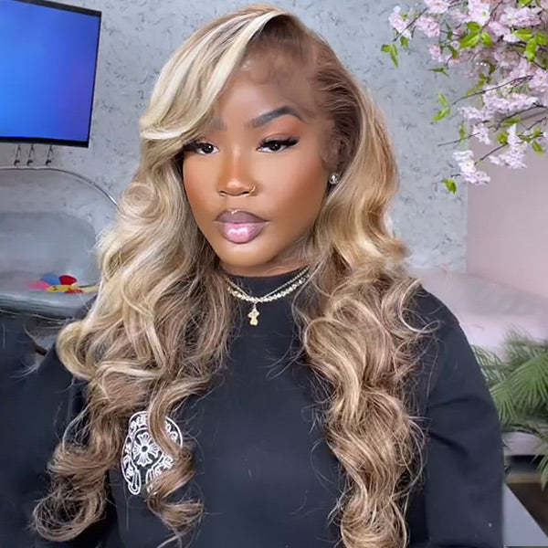 Pre-cut Lace Brown Wig With Blonde Highlight Wear Go Glueless Wig Body Wave 7x5 Lace Wig Preplucked with Natural Hairline