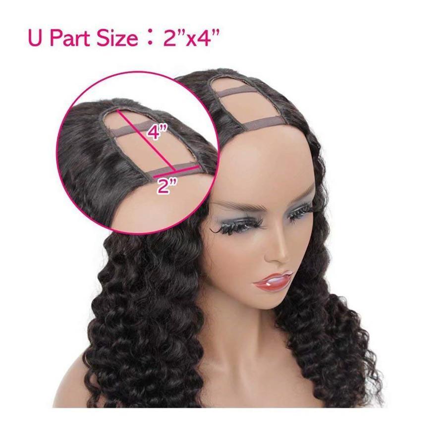 U Part Wigs Deep Wave Brazilian Virgin Human Hair 2x4 U Shape Glueless Wigs 180% Density With Straps Combs For Women