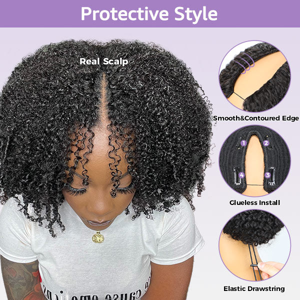 Afro Curly Elastic Drawstring V Part Wig No Leave Out Glueless Wig Beginner Friendly