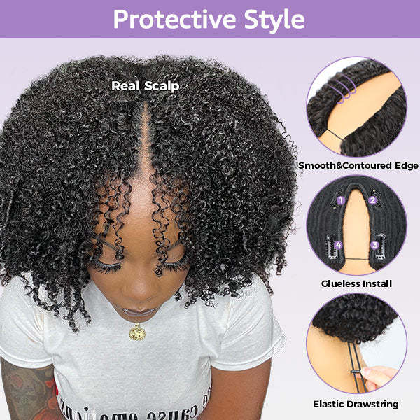 Afro Curly Elastic Drawstring V Part Wig No Leave Out Glueless Wig Beginner Friendly