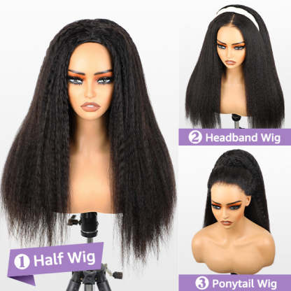 3 In 1 Half Wig | Easy Wear Kinky Straight Half Wig Comfortable Fit No Glue Needed