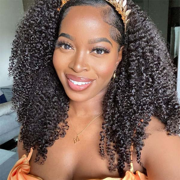  Kinky Curly Headband Wig Human Hair Scarf Wig No Gel No Glue Jerry Curl Hair Wig With Headband