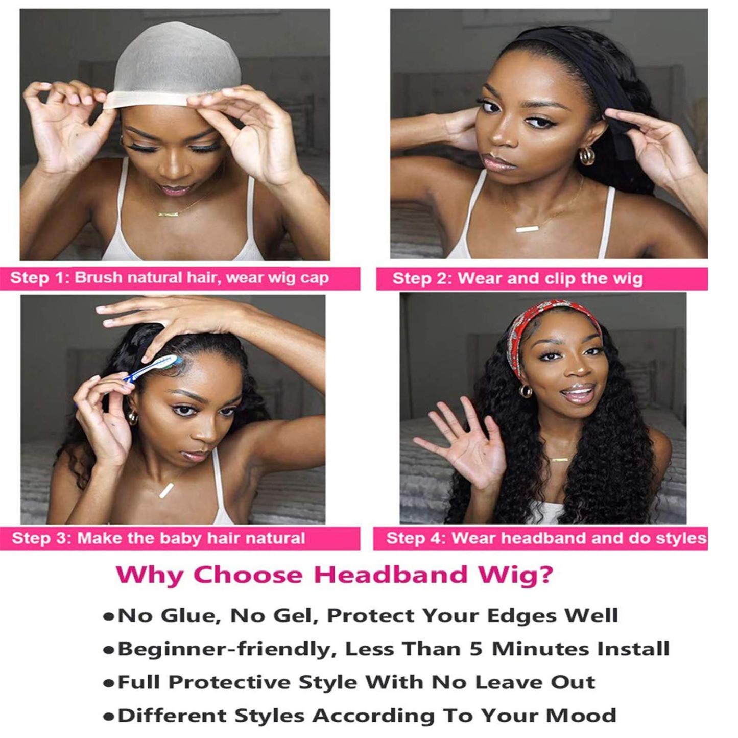  Curly Wave Headband Wig Human Hair Brazilian Deep Wave Machine Made Wigs With Head Band No Glue Scarf Wig