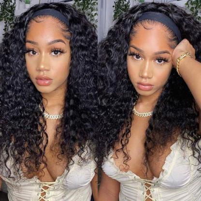  Curly Wave Headband Wig Human Hair Brazilian Deep Wave Machine Made Wigs With Head Band No Glue Scarf Wig