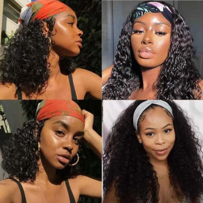  100% Human Hair Grip Headband Scarf Wig Water Wave Human Hair Wig Curly No plucking wigs for Women No Glue No Sew In