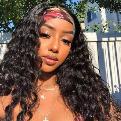  Curly Wave Headband Wig Human Hair Brazilian Deep Wave Machine Made Wigs With Head Band No Glue Scarf Wig