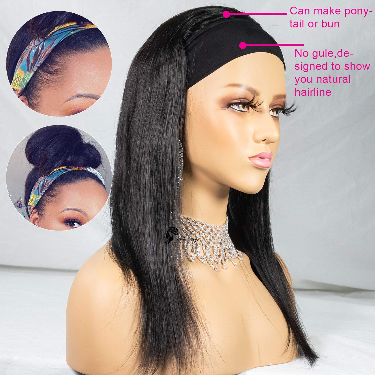  Straight Hair Headband Wig Human Hair Wigs For Women Full Machine Made Wig With Headband Scarf