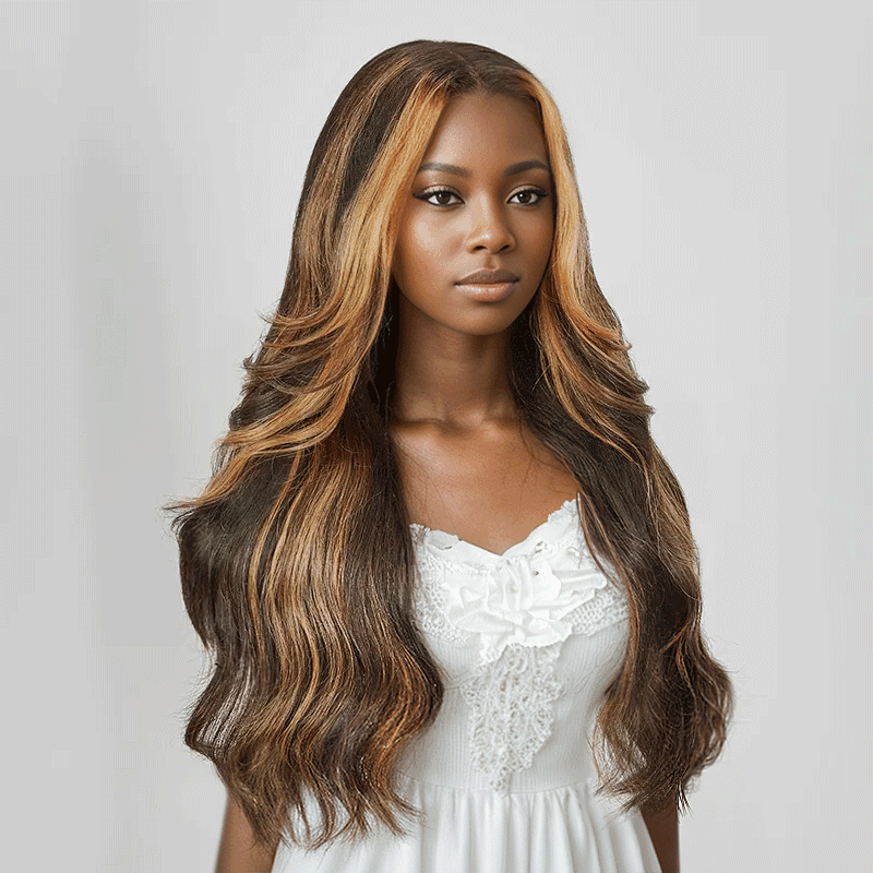 9x6 Glueless Bangs Layered Blonde Highlight Glueless Body Wave Wig