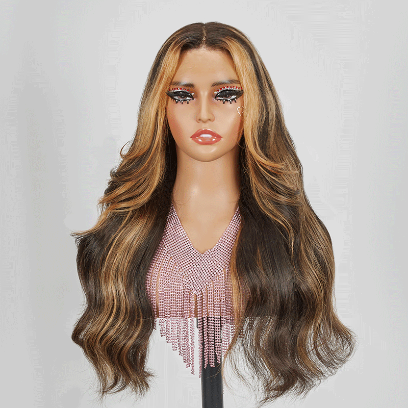 9x6 Glueless Bangs Layered Blonde Highlight Glueless Body Wave Wig