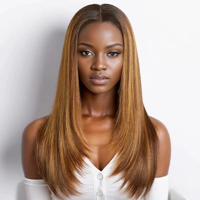 Glueless Layered Cut Color #4/27 Highlight Glueless Straight Wig
