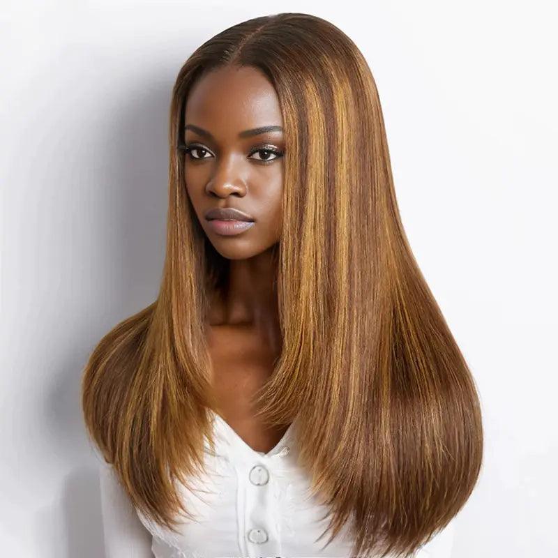 Glueless Layered Cut Color #4/27 Highlight Glueless Straight Wig