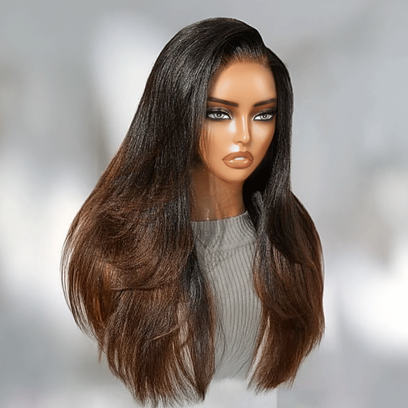 Glueless Layered Ombre Brown Volume Effect Yaki Straight 7x4 Glueless Wig Adjustable Cap