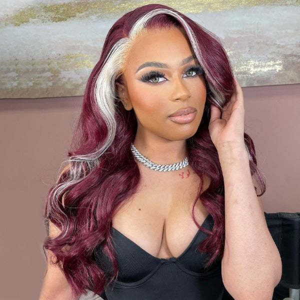 Red Wine and Blonde Skunk Stripe Color Wig Straight 13x4 Lace Front Wig Made of 100% Human Hair