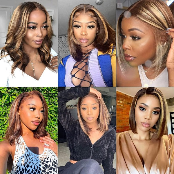 Highlight 4/27 Color & 99J Color Bob Wigs Human Virgin Hair Preplucked Lace Front Wigs