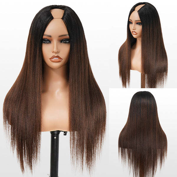 Yaki Straight Chestnut Brown Ombre Glueless V Part Wig With Invisi Drawstring