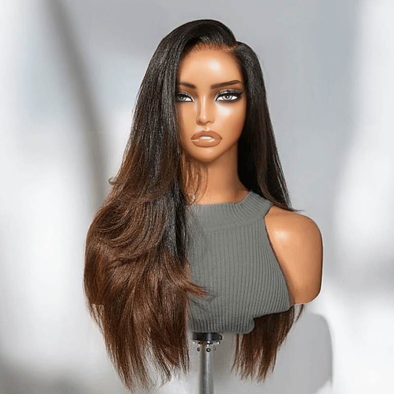 Glueless Layered Ombre Brown Volume Effect Yaki Straight 7x4 Glueless Wig Adjustable Cap