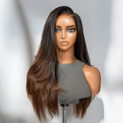 Glueless Layered Ombre Brown Volume Effect Yaki Straight 7x4 Glueless Wig Adjustable Cap