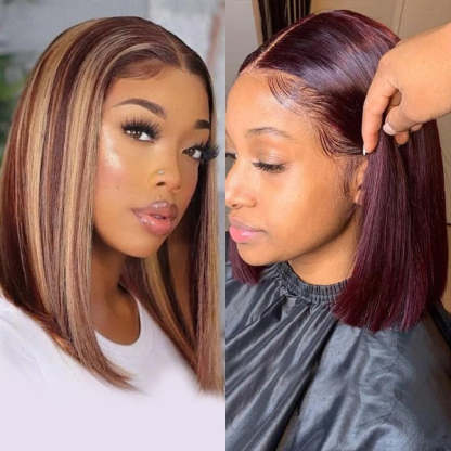 Highlight 4/27 Color & 99J Color Bob Wigs Human Virgin Hair Preplucked Lace Front Wigs