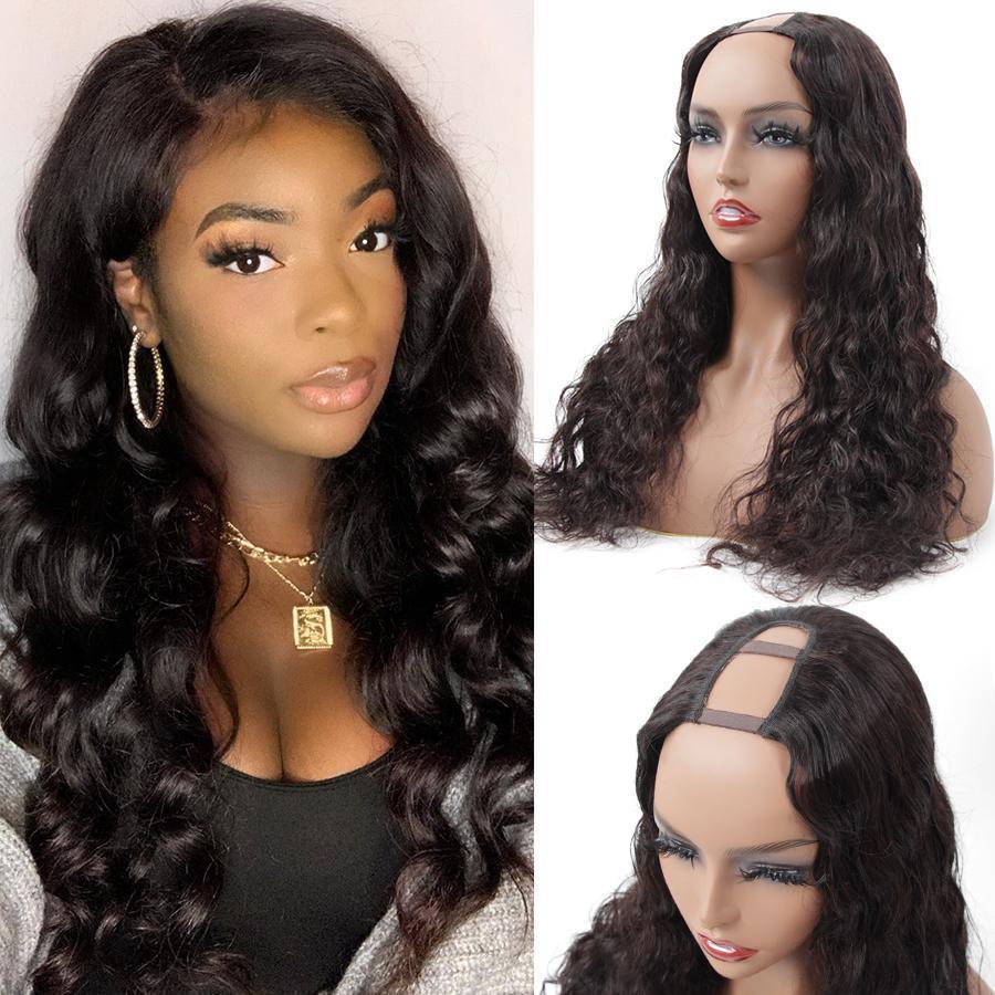 Loose Deep Wave U Part Human Hair Wig for Women, Brazilian Remy Human Hair Glueless Full Head Clip in Half Wig 180% Density